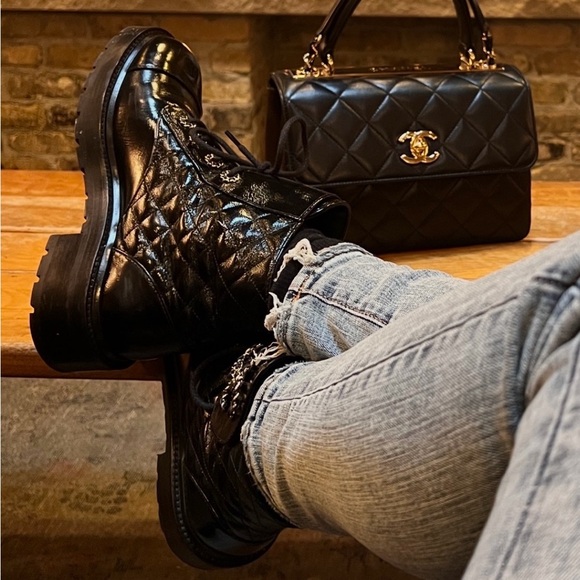 CHANEL Black Quilted Combat Boots - Picture 8 of 9